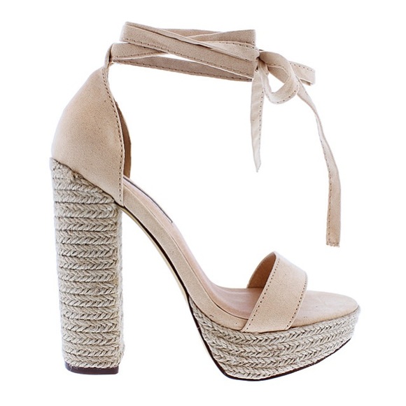 NUDE ESPADRILLE WRAP AROUND PLATFORM CHUNKY HEEL - Picture 3 of 6